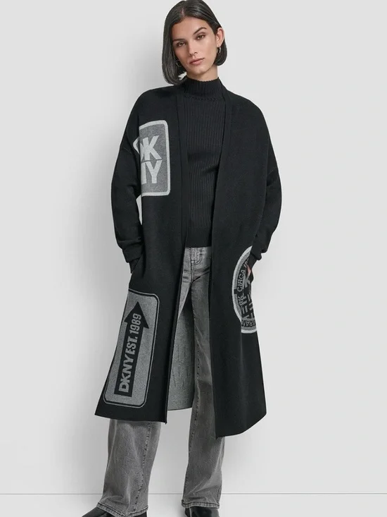 DKNY Black Oversized Patch Logo Cardigan Longline Duster Sweater Size M/L NWOT - Picture 1 of 10